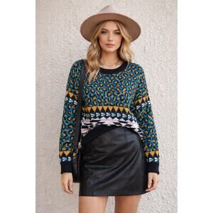 Wrangler Retro Womens Large Teal Leopard Aztec Western Boho Cowgirl Knit Sweater